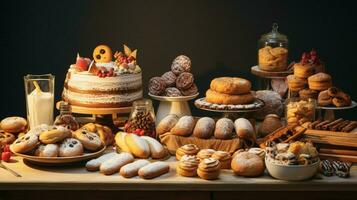 a festive table of baked goods in various shapes and color photo