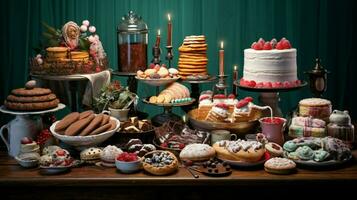 a festive table of baked goods in various shapes and color photo