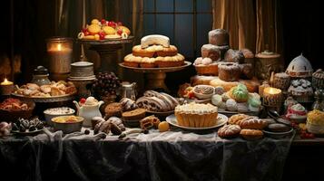 a festive table of baked goods in various shapes and color photo