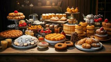 a festive table of baked goods in various shapes and color photo