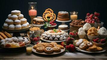 a festive table of baked goods in various shapes and color photo