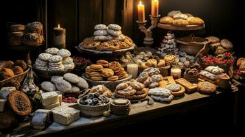 a festive table of baked goods in various shapes and color photo