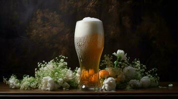 a frothy beer in a drinking glass photo