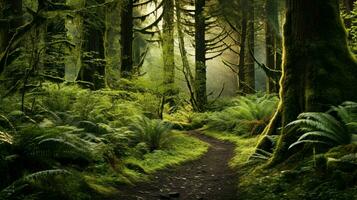 un bosque camino con helechos en el primer plano foto