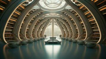 a futuristic library with shelves in symmetry photo