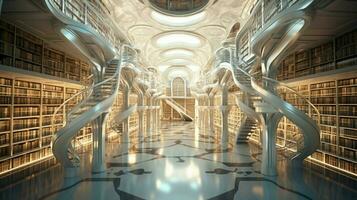 a futuristic library with shelves in symmetry photo