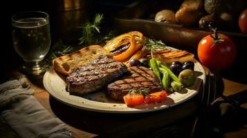 a gourmet meal with grilled meat fresh vegetables photo