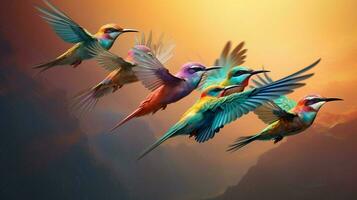 a group of colorful birds are flying in formation photo