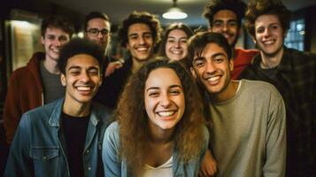 a group of young adults indoors smiling looking at camera photo