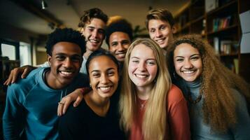 a group of young adults indoors smiling looking at camera photo