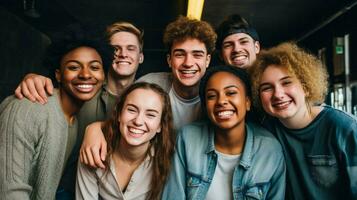 a group of young adults indoors smiling looking at camera photo