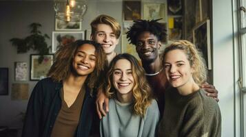 a group of young adults indoors smiling looking at camera photo
