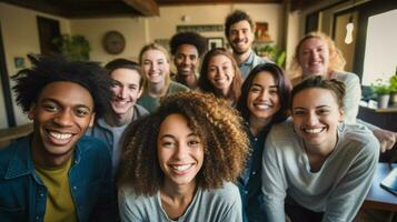 a group of young adults indoors smiling looking at camera photo