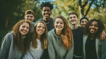 un grupo de joven adultos al aire libre sonriente y mirando foto