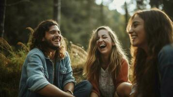 un grupo de joven adultos sonriente al aire libre disfrutando naturaleza foto