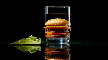a hamburger with a glass of water on the side photo
