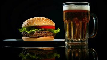 un hamburguesa con un vaso de agua en el lado foto