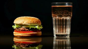 un hamburguesa con un vaso de agua en el lado foto