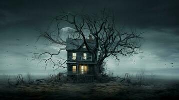 a haunted house with a tree in the middle photo