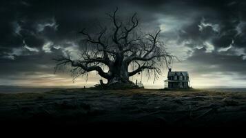 a haunted house with a tree in the middle photo