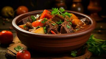 a homemade beef stew cooked with fresh vegetables photo