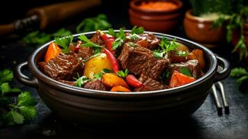 a homemade beef stew cooked with fresh vegetables photo