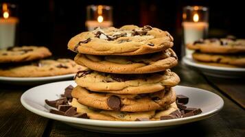 un hecho en casa gastrónomo postre un apilar de chocolate chip cocinar foto