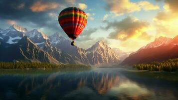 a hot air balloon flying over a lake with mountains photo