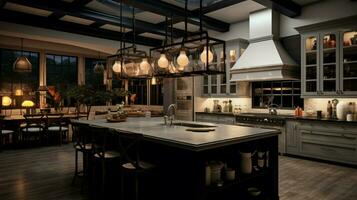 a kitchen with a large island with a light fixture photo