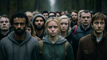 a large group of adults standing outdoors looking photo