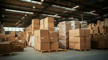 a large stack of cardboard boxes inside warehouse photo