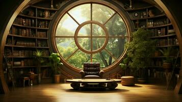 a library with a round window and a bookcase photo