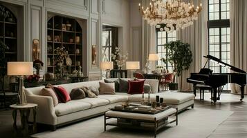 a living room with a chandelier and a couch with a number photo