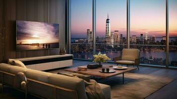 un vivo habitación con un grande televisión y un grande ventana foto