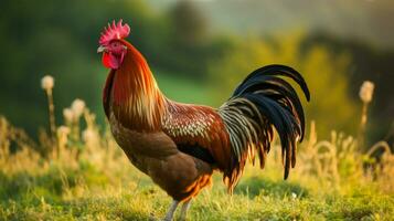 un majestuoso gallo en pie en un herboso prado mirando foto