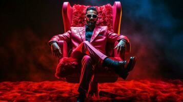 a man in a neon suit sits in a chair with a neon sign photo