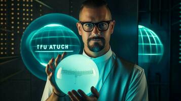 a man in glasses holds a sphere in front of a screen photo