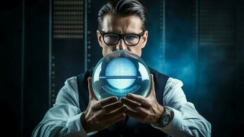 a man in glasses holds a sphere in front of a screen photo