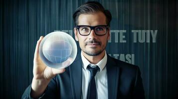 a man in glasses holds a sphere in front of a screen photo