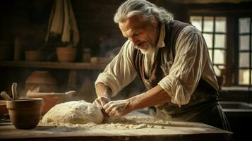 a man kneading dough on a wooden table preparing homemade photo