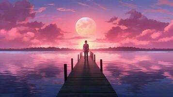 a man stands on a dock at sunset with a pink sky photo