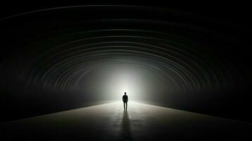 a man walks through a tunnel with a light on the ceiling photo