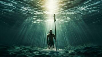 a man with a trident in the water photo