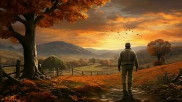 a mature farmer stands alone embracing the tranquil autum photo