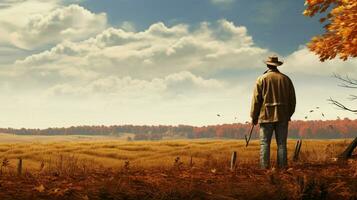 a mature farmer stands alone embracing the tranquil autum photo