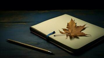 a notebook with a leaf on it and a pencil on the left side photo