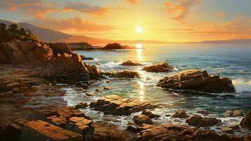 a painting of a rocky shore with rocks and the sea photo