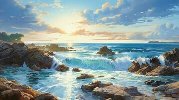 a painting of a rocky shore with rocks and the sea photo