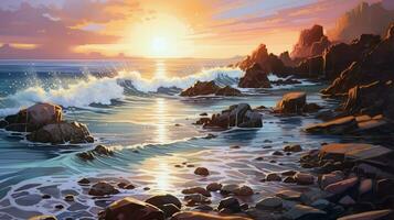 a painting of a rocky shore with rocks and the sea photo