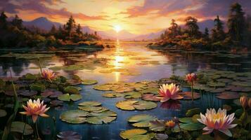 un pintura de agua lirios en un estanque con un puesta de sol foto